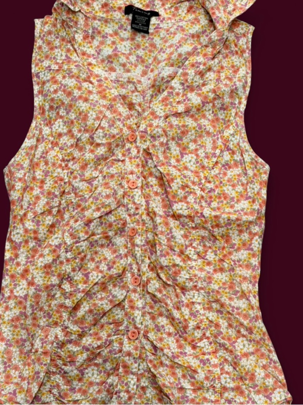 Timing Floral Ruffle 100% cotton button up sleeveless blouse